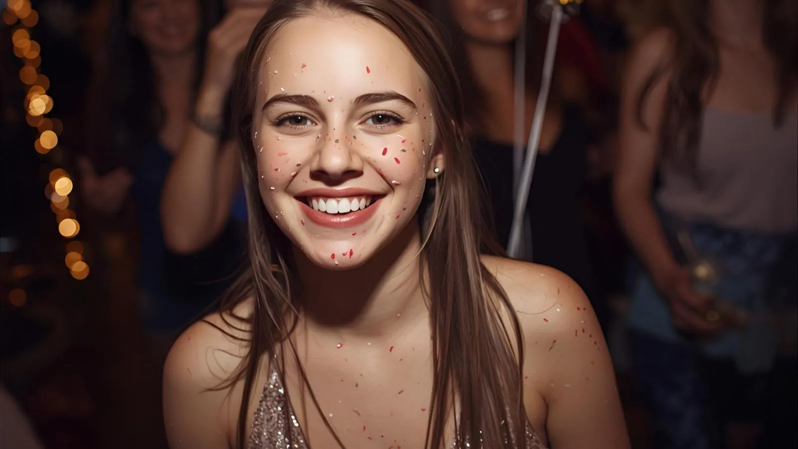 Teen girl celebrating 18th birthday with confetti and ‘18’ balloons.