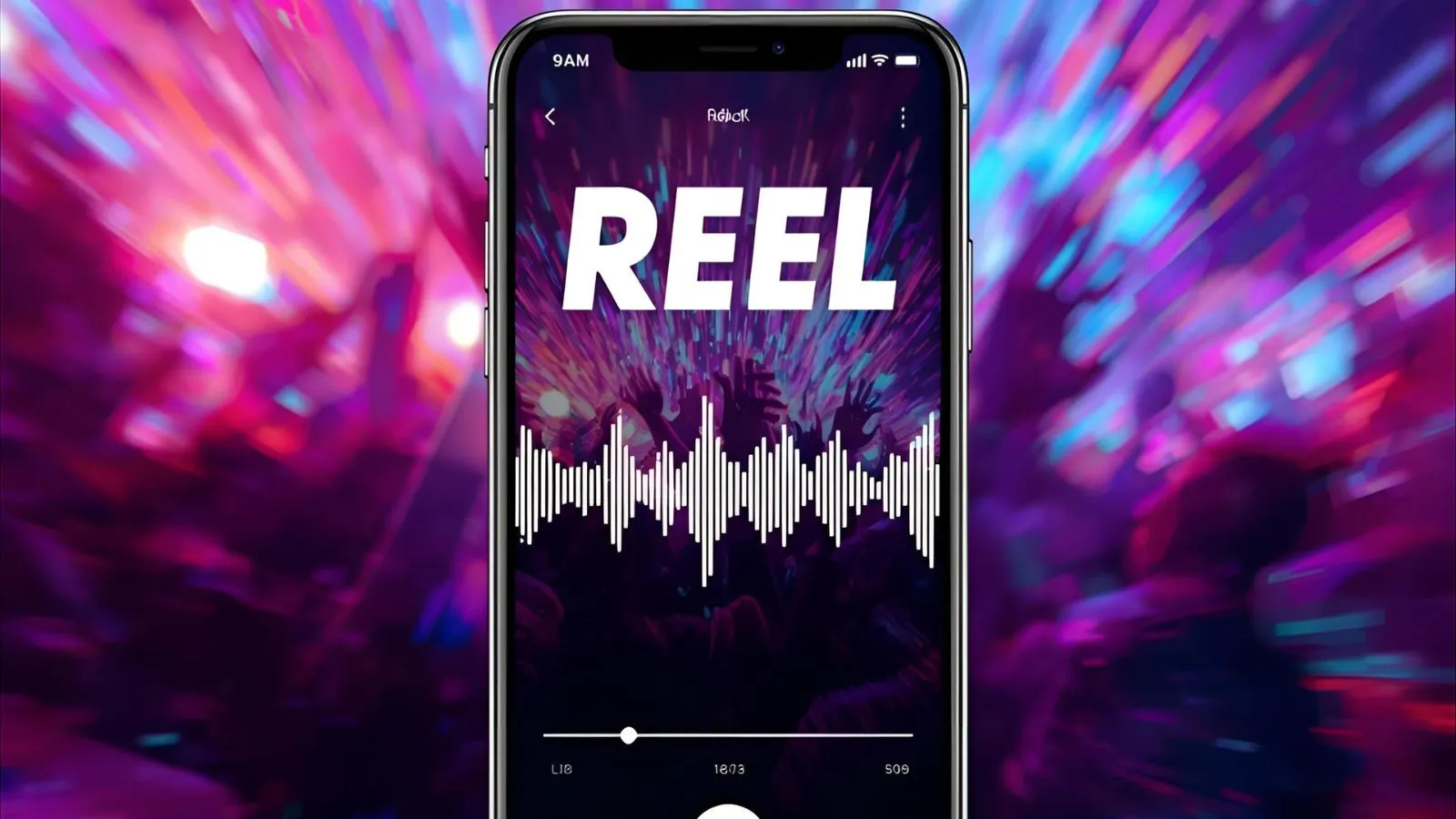Phone with Reel waveform and hook text against neon background.