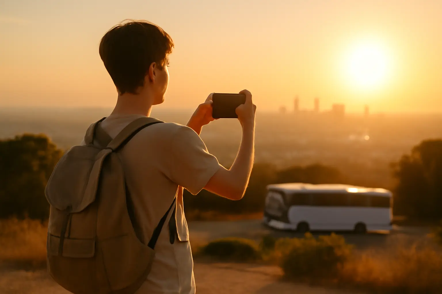 Backpacker taking a phone photo from a viewpoint during a budget trip with a city skyline and bus in the distance.