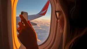 First-time flyer sitting by an airplane window, looking out at the wing and clouds with phone in hand.