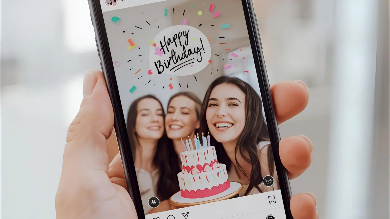 Two best friends smiling beside a cake on a phone’s Instagram Story screen.