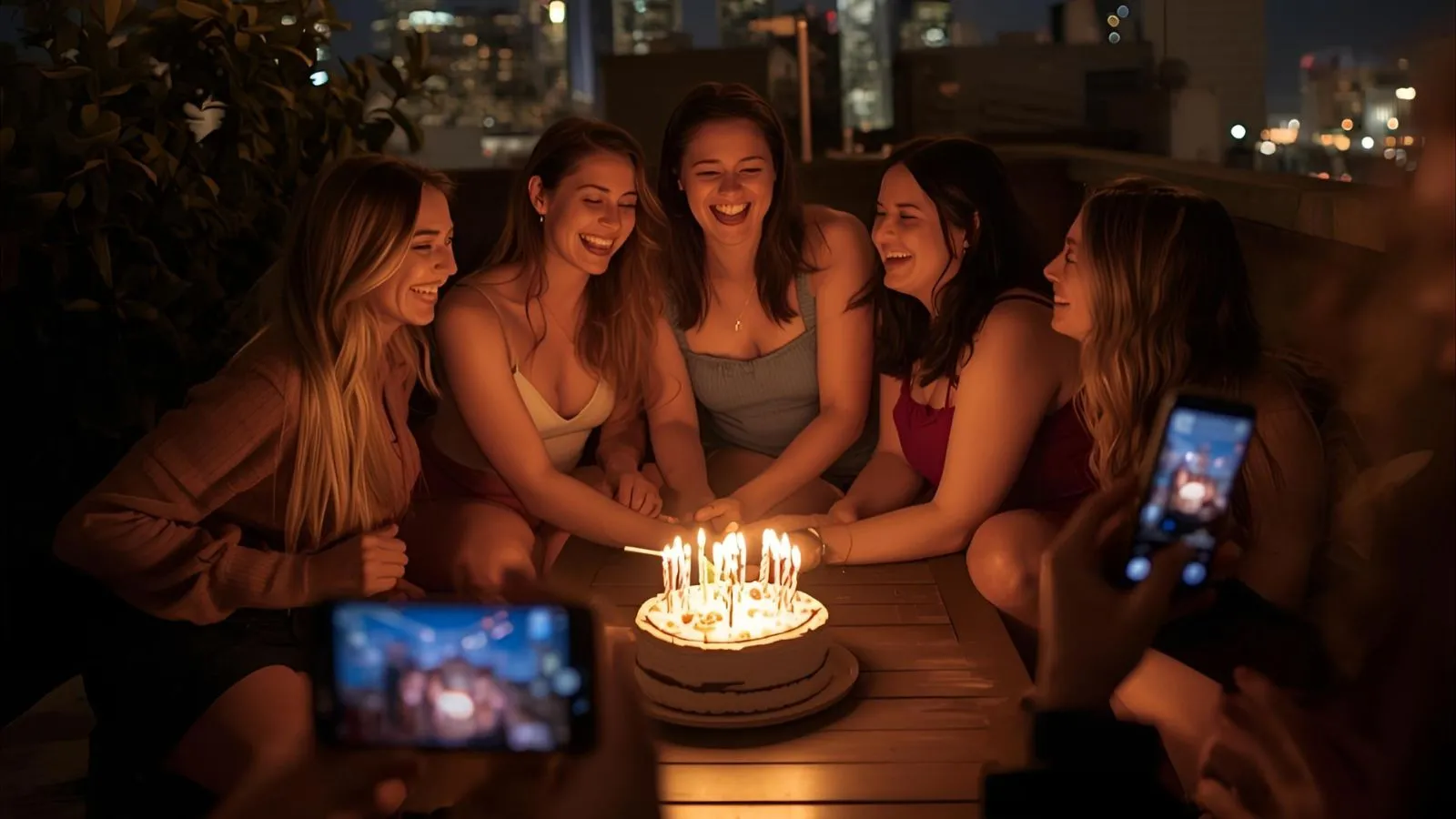 Friends at a rooftop late night birthday party under string lights with a lit cake and city skyline.