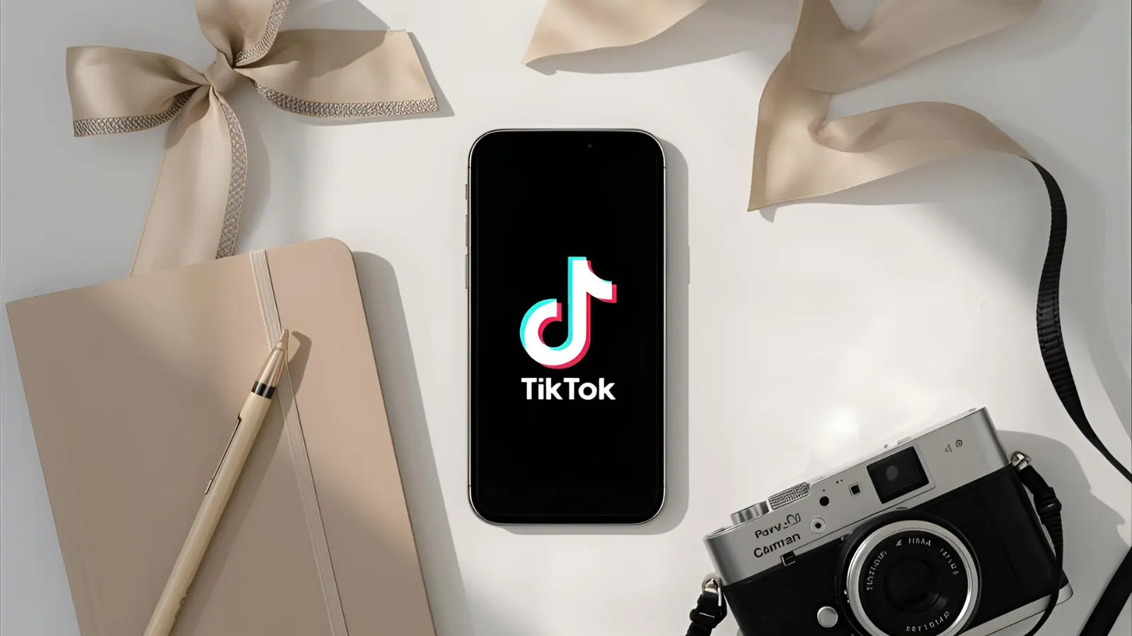 Neutral flat-lay with TikTok app beside minimalist props.