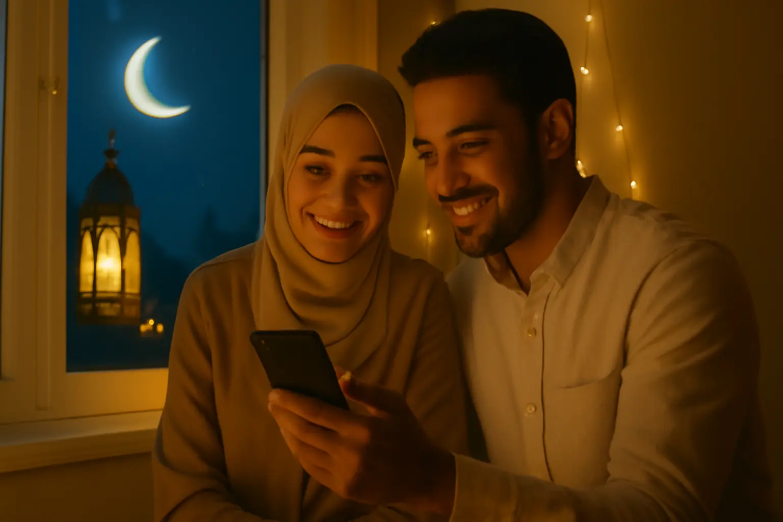 Muslim couple in modest outfits sitting by a window with Ramadan lanterns and a crescent moon, choosing a caption for their Instagram post.