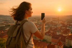 Solo female traveler with a backpack looking out over a city from a viewpoint at sunset, phone in hand.