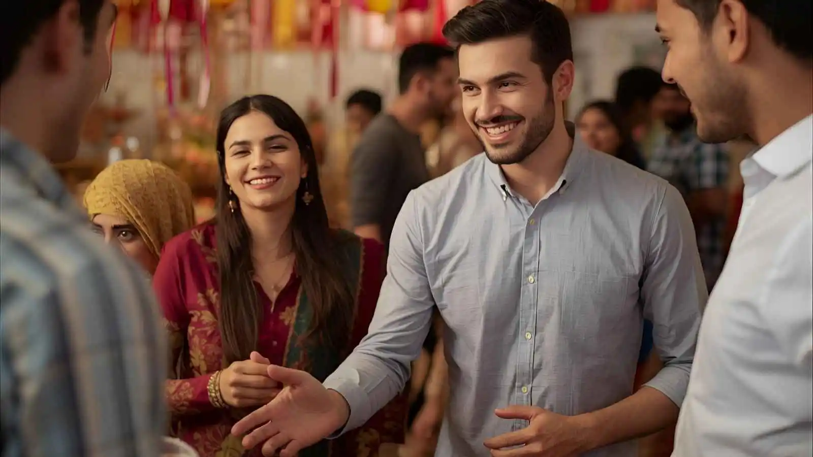 Festive Eid Mubarak celebration with family and friends smiling together, vibrant decorations.