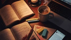 Study desk with open textbooks, laptop, notes, and coffee mug ready for exam preparation.