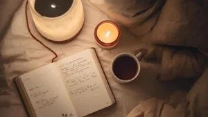 Cozy night routine flat-lay with tea, journal, candle, and skincare on a softly lit bed.