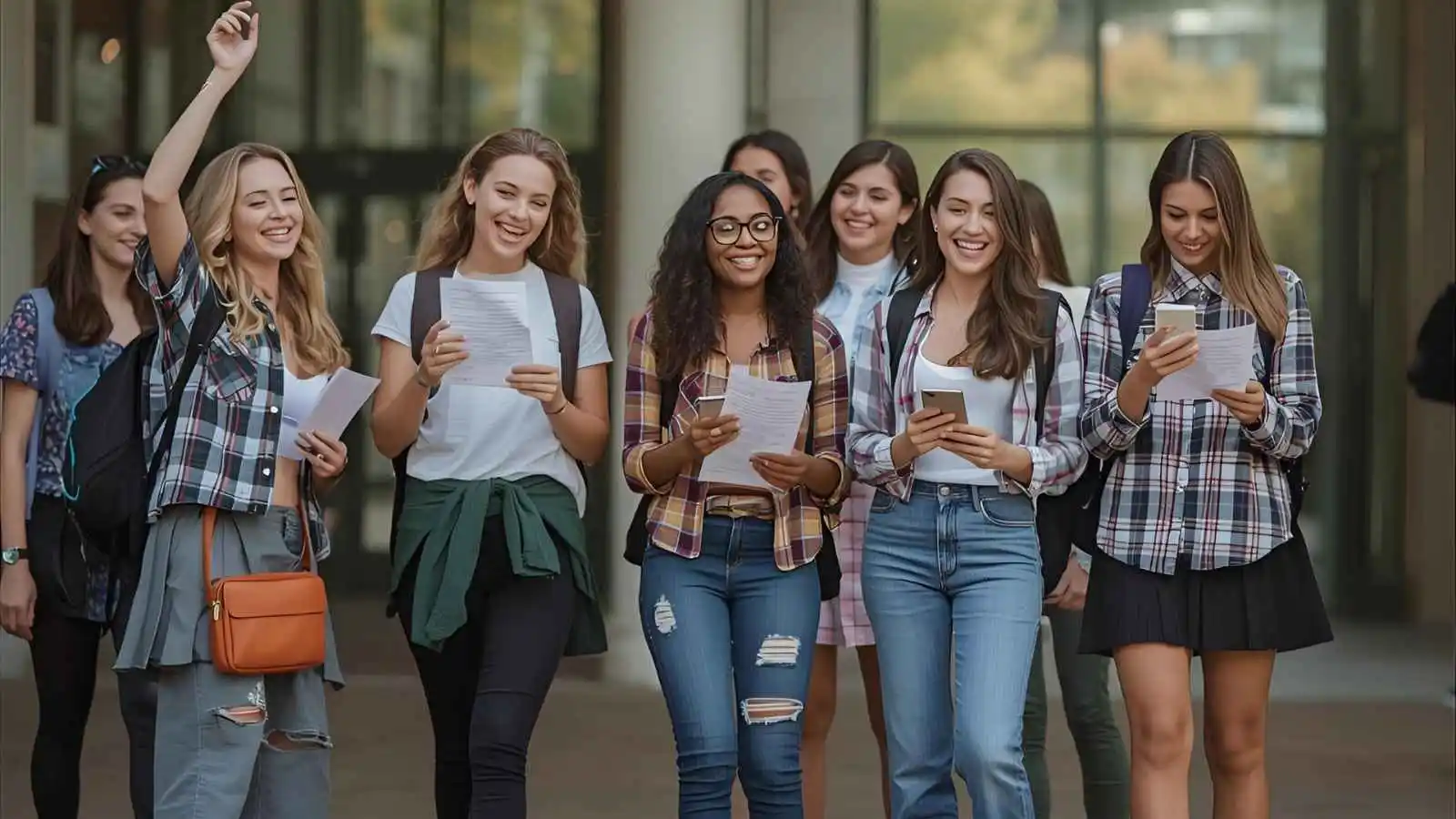 Students standing outside a school building on results day holding their results and smiling at the camera.