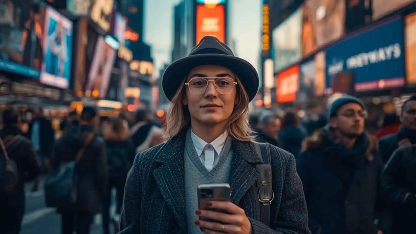 Traveler taking a Times Square photo at dusk in New York City