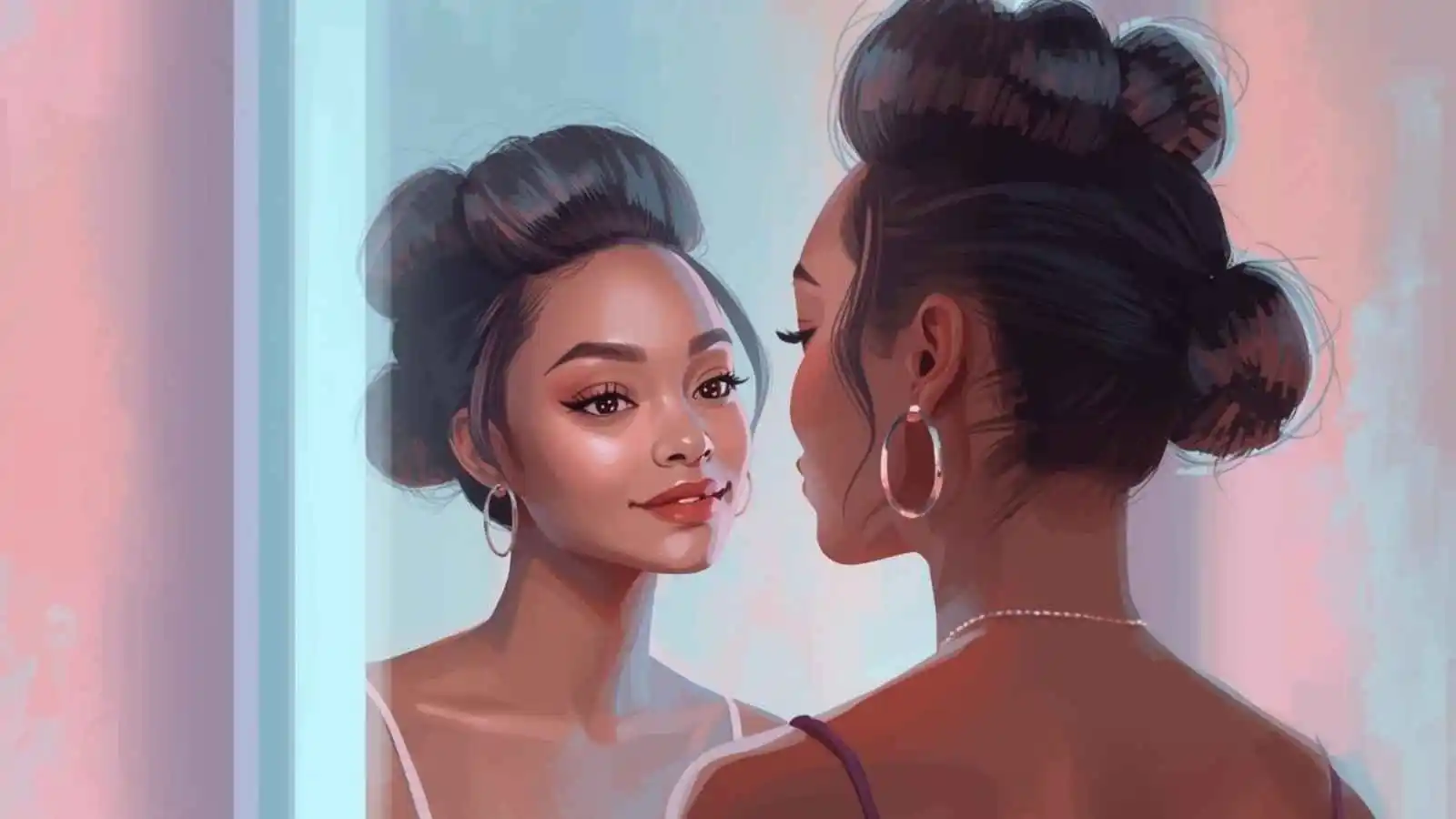 Woman with a confident smile, reflecting self-love in a mirror.